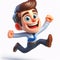 Businessman in 3D cartoon animation jumps with joy, vibrant colors, exaggerated features, detailed textures commercial