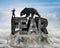 Businessman against black bear standing on fear 3D concrete word