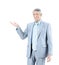 Businessman aged, pointing in the direction of your promotional products