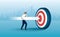 Businessman aims with huge arrow. achievement goal. Aim in business concept