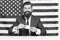 Businessman with American flag and coffee. politician drink coffee. Bearded businessman patriotic for usa. happy