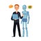 Businessman and android robot looking at laptop talking about graph charts.