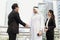 Businessman arabic with engineer making handshake agreement. concept partner to business