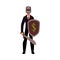 Businessman as knight in metal helmet holding sword and shield