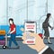 Businessman as passenger using application for check in online at the airport. technology for travel concept. vector illustrator