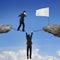 Businessman balancing on broken chain another man holding toward