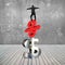 Businessman balancing on red percent symbol and dollar sign