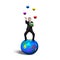 Businessman balancing on sphere juggling with balls