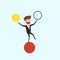 Businessman balancing on sphere juggling time and money. Financial money and time management concept.