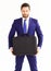 Businessman with beard delivers briefcase. Man in suit or busine