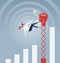 Businessman being hit by a big boxing glove and falling from growing rate graph- Business concept vector