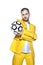 Businessman is a big fotball fanbusinessman squeezes ball, isolated on the white background
