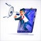 businessman in big smartphone shouting out with megaphone. online business announcement or presentation - vector
