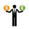Businessman with bitcoin and euro buttons pictogram