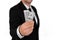 Businessman in black business suit, holding cash in hands - United stage dollar bill; clipping path - Concept of the fight against