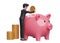 businessman in black formal suit carefully keeps gold coins in pink piggy bank