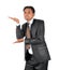 Businessman in black suit funny pose