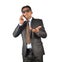 Businessman in black suit listening phone call