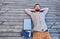 Businessman in a break between work. He relaxes looking into the sky