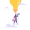 Businessman with Briefcase Flying on Air Balloon in Shape of Light Bulb Watching to Spyglass. Business Vision