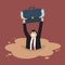 Businessman with briefcase full of money sinking in a quicksand