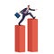 Businessman with a briefcase in his hands jumps from one dry red pillar to another, taller and strives for success