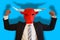 Businessman with bull mask flexing his muscles