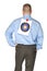 Businessman with bulls eye taped on his shirt