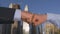 Businessman bumping fists with businesswoman with skyscrapers on background