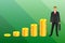 A businessman in a business suit stands against the background of gold coins in the form of a growing graph. Vector