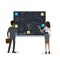 Businessman and businesswoman characters back view,Business signs and color stickers on blackboard