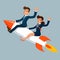 Businessman and businesswoman fly to success innovation rocket ship startup business cartoon character design vector