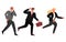 Businessman and businesswoman running away from being chased by something flat vector illustration.