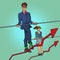 Businessman and businesswoman sales growth charts. A man like an acrobat. Economics and Finance