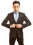 Businessman buttons up his suit
