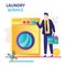 Businessman came to wash clothes in laundry service. Male character holds basket with dirty clothes