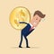 Businessman carry big and heavy gold dollar coin on his back .Business concept. Vector illustration