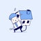 Businessman carry his house debt with chained on ankle. Cartoon character thin line style vector.