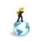 Businessman carrying dollar sign standing on globe world map