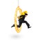 Businessman carrying golden dollar sign jumping through fire hoop