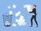 Businessman carrying paper pile office trash bin