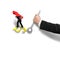 Businessman carrying red arrow sign balancing on money clock han