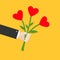 Businessman cartoon character hand holding bunch bouquet of heart flowers. Yellow background. Flat design.