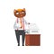 Businessman cat printing documents, funny humanized animal cartoon character standing next to printer in office vector