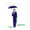 Businessman Character with Briefcase and Umbrella Stand under Rain Cloud. Depression, Passerby at Wet Rainy Autumn