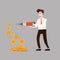 The businessman character holds a jackhammer in his hands making coins, money. Concept, vector, illustration, banner