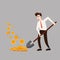 The businessman character holds a shovel in his hands making coins, money. Concept, vector, illustration, banner, poster