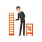 Businessman character promoting products or services on a stand at trade fair or exhibition vector Illustration on a