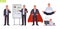 Businessman character set. Man manager in various poses and situations. Person shows a business card, presentation, a superhero in
