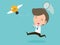 Businessman Chasing Flying Light Bulb. Inspiration Concept. Business Concept vector Illustration